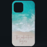 tropical sand beach ocean the adventure begins iPhone 12 pro max case<br><div class="desc">Tropical sand beach ocean personalised the adventure begins design.</div>