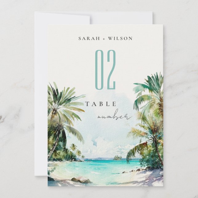 Tropical Sand Beach Palm Tree Wedding Table Number (Front)