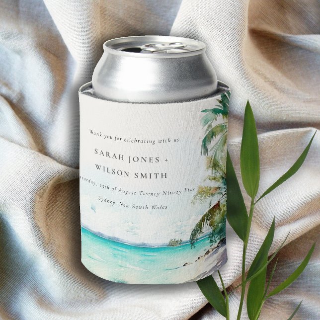 Tropical Sand Beach Watercolor Palm Trees Wedding Can Cooler (Creator Uploaded)