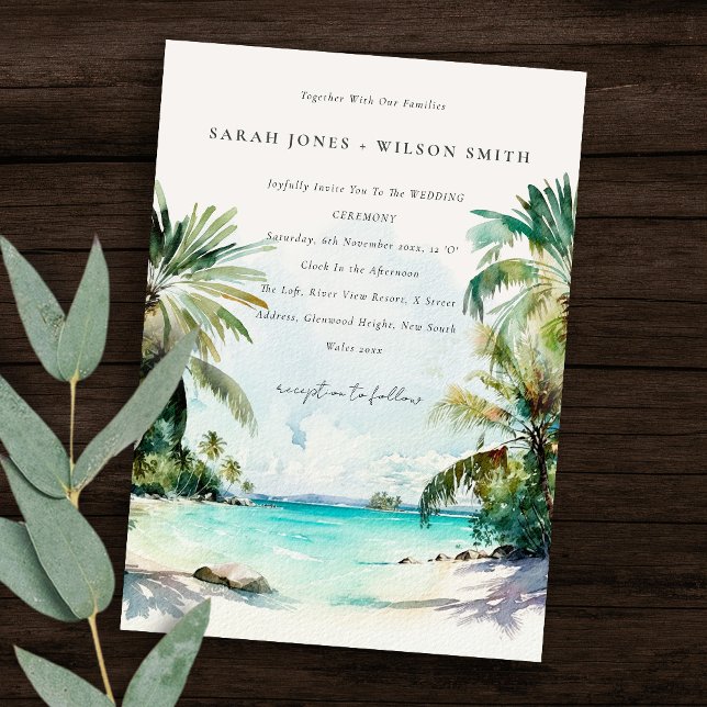 Tropical Sand Beach Watercolor Palm Trees Wedding Invitation (Creator Uploaded)