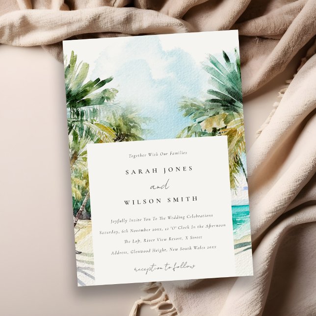 Tropical Sand Beach Watercolor Palm Trees Wedding Invitation (Creator Uploaded)
