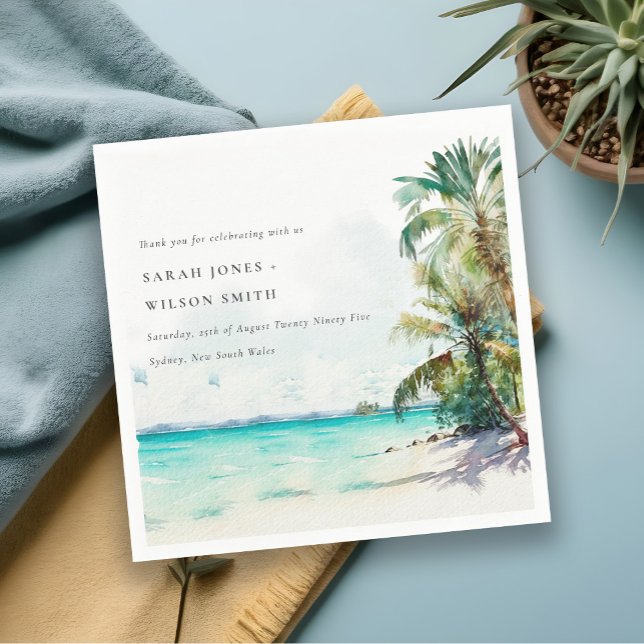 Tropical Sand Beach Watercolor Palm Trees Wedding Napkin (Creator Uploaded)