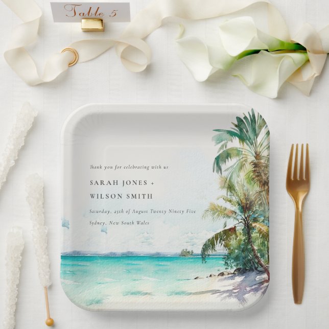 Tropical Sand Beach Watercolor Palm Trees Wedding Paper Plate (Wedding)