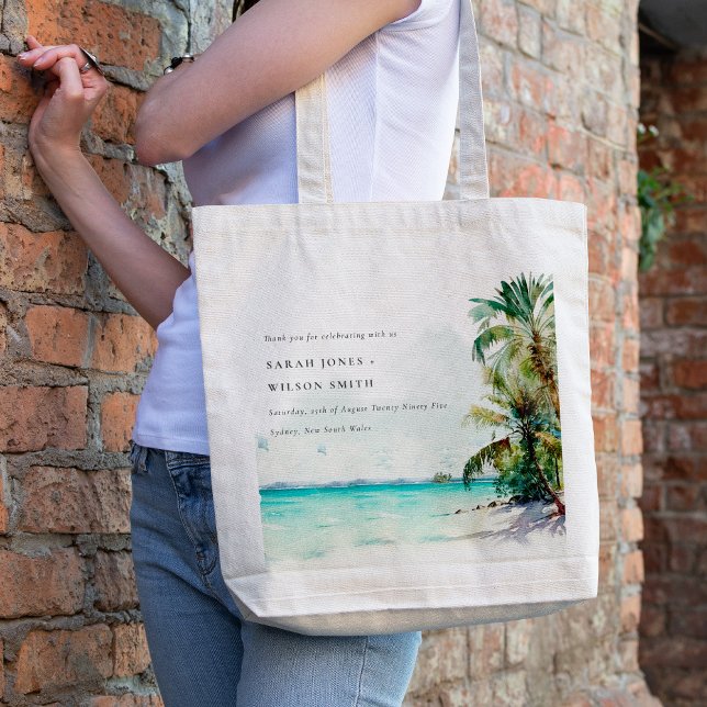 Tropical Sand Beach Watercolor Palm Trees Wedding Tote Bag (Creator Uploaded)