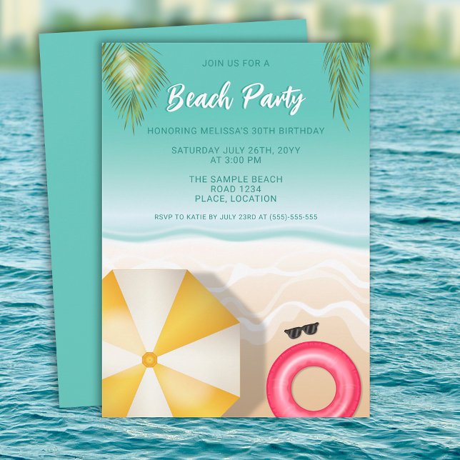Tropical Sand Beach Waves Teal Birthday Party Invitation (Creator Uploaded)