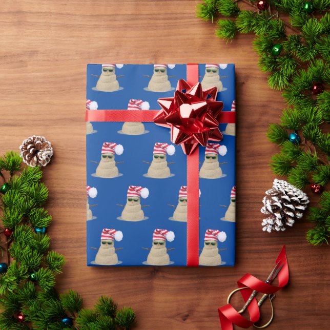 Tropical Sand Snowman On Blue Wrapping Paper (Holiday Gift)