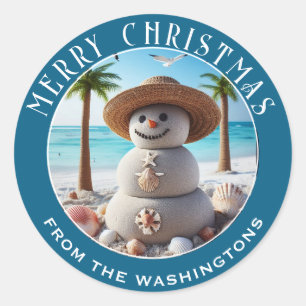 Tropical Sand Snowman Personalised Christmas Classic Round Sticker