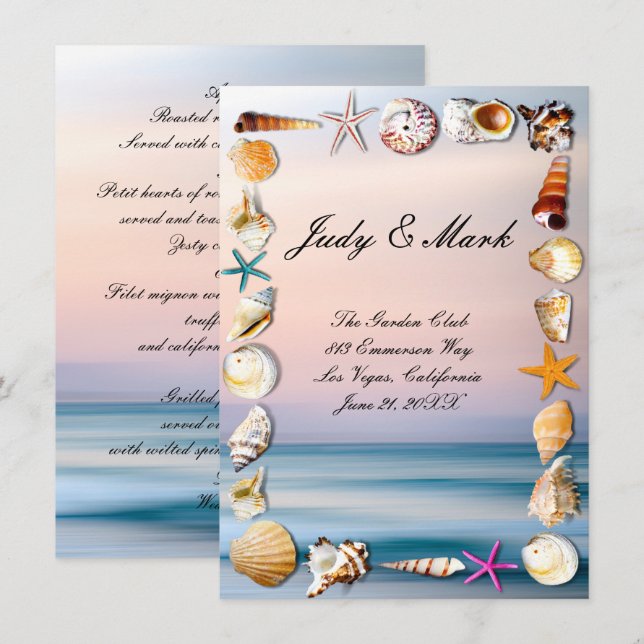 Tropical Sandy Beach & Seashells Wedding Menu Card (Front/Back)