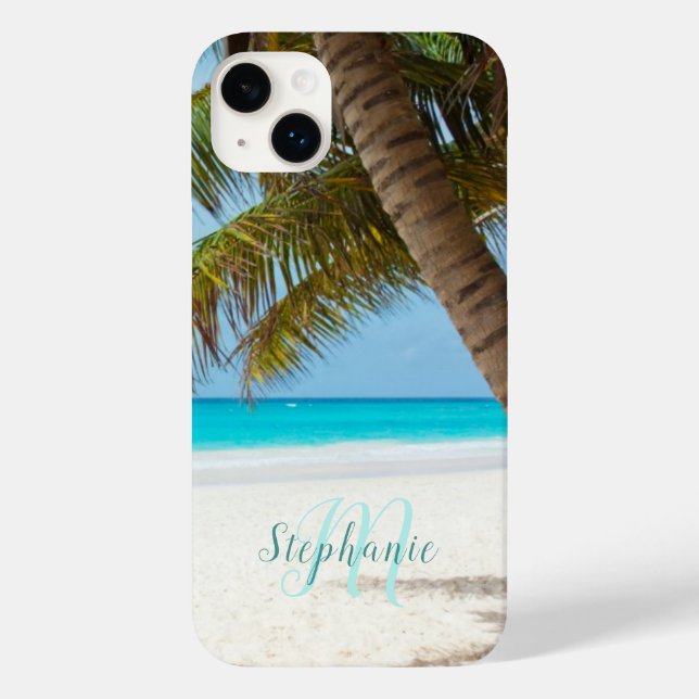 Tropical Sandy Beach Turquoise Monogram Palm Tree Case-Mate iPhone Case (Back)