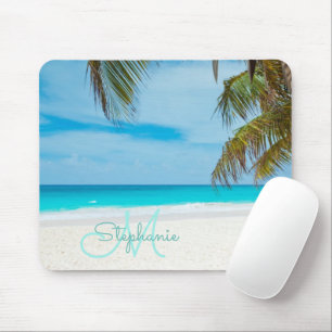 Tropical Sandy Beach Turquoise Monogram Text Palm Mouse Pad