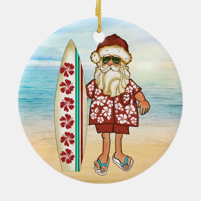 Tropical Santa Christmas Ornament with Surf Board (Back)