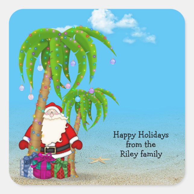 Tropical Santa Claus with palm trees Square Sticker (Front)