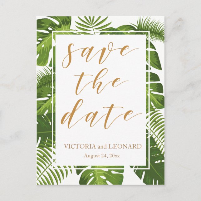 Tropical save the date gold | Wedding postcard (Front)