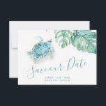 Tropical Save the Date Watercolor Sea Turtle<br><div class="desc">Announce your engagement with my budget wedding tropical save the date invitations featuring trendy script typography script typography and my original watercolor monstera greenery and tropical sea turtle in shades of blue, turquoise and green. Space is provided for your names, wedding date and wedding location. Cards reverse to complimentary solid...</div>