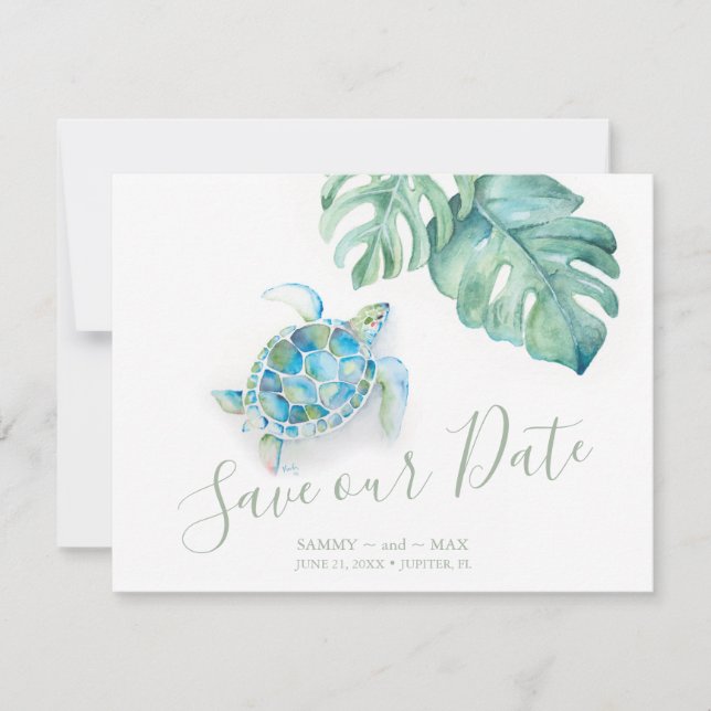 Tropical Save the Date with Watercolor Sea Turtle (Front)