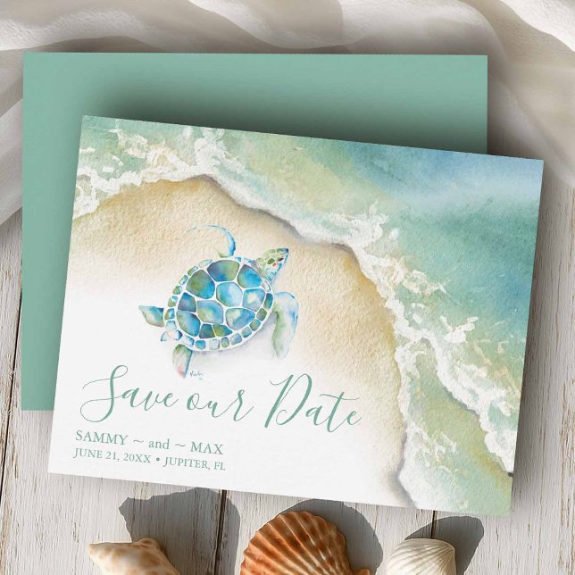 Tropical Save the Date with Watercolor Sea Turtle (Beach wedding save the dates watercolor sea turtle and ocean waves design by Victoria Grigaliunas)