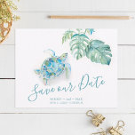 Tropical Save the Date with Watercolor Sea Turtle<br><div class="desc">Announce that you are engaged with my tropical save the date invitations featuring Save Our Date in a trendy script typography style that evokes the look of hand lettering. This simple card features my original watercolor monstera greenery and tropical sea turtle in shades of blue, turquoise and green. Space is...</div>