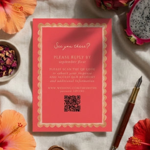 Tropical Scallop Border Pink QR Wedding RSVP Card