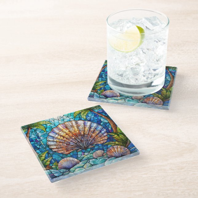 Tropical scallop Stained glass art Coaster (Angled)