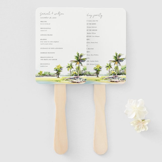 Tropical Script Coastal Palm Trees Wedding Program Hand Fan (Front and Back)