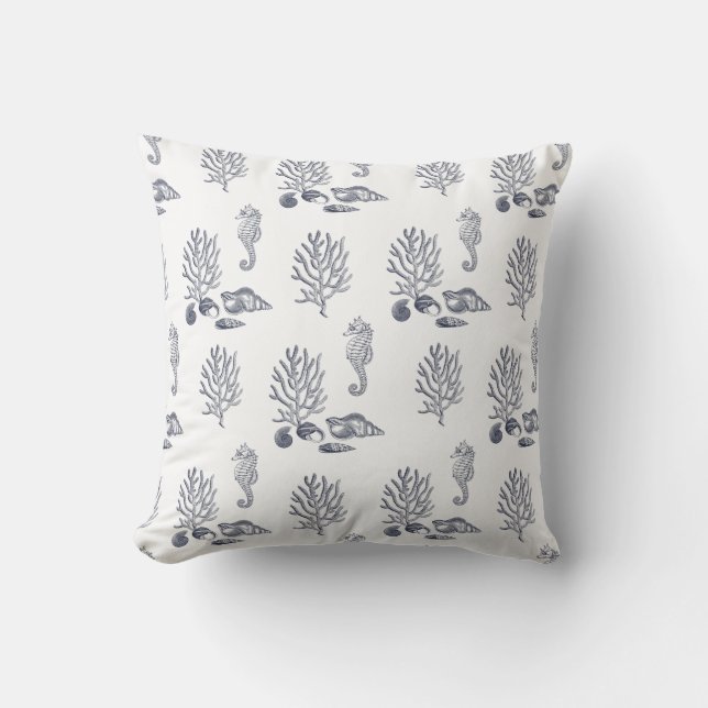 Tropical Sea Horse Coral Shell Navy Blue White Out Cushion (Front)