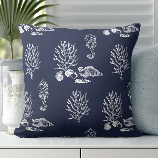 Tropical Sea Horse Shell Navy Blue White Cushion (Discover Gorgeous Coastal Throw Pillows by Totally Coast.)