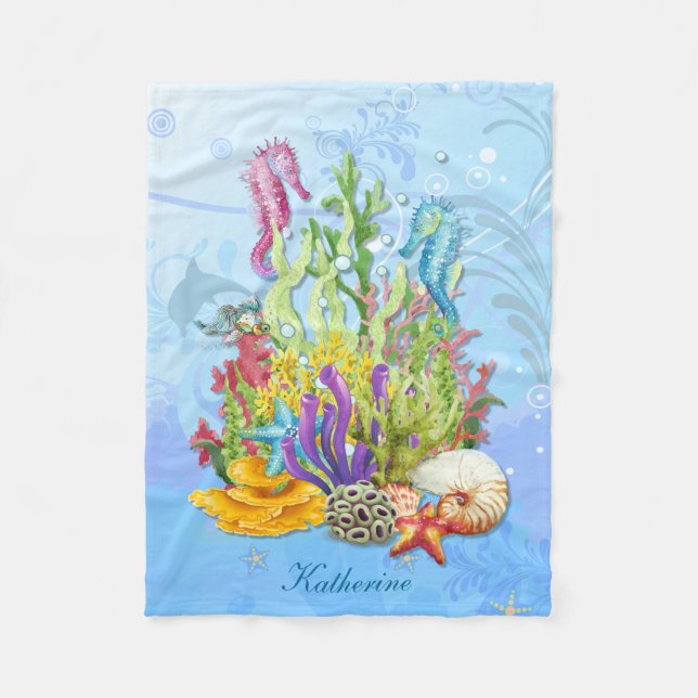 Tropical Sea Life Blue Fleece Blanket (Front)