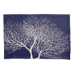 Tropical Sea Tree Coral White Navy Blue Beach Pillowcase