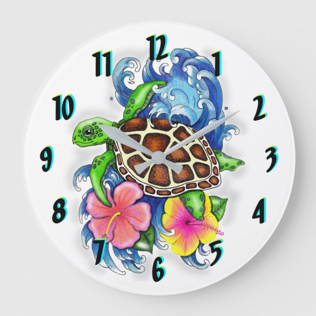 Tropical Sea Turtle and Hibiscus Flowers Large Clock (Front)