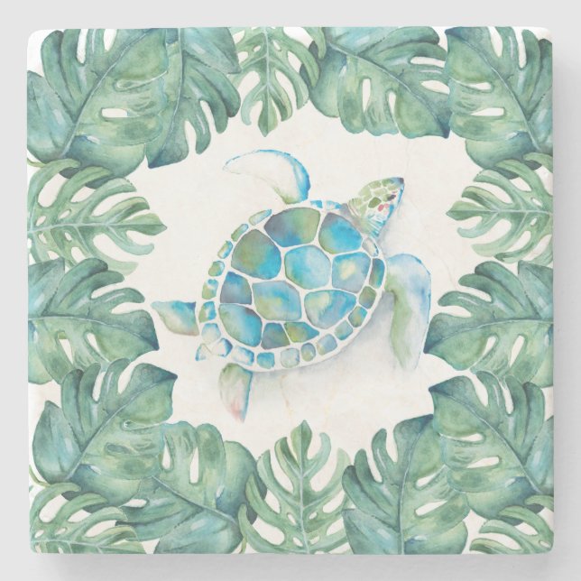 Tropical Sea Turtle and Palm Leaves Stone Coaster (Front)
