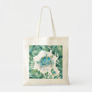 Tropical Sea Turtle and Palm Leaves Tote Bag