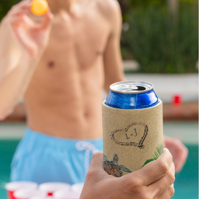 Tropical Sea Turtle and Palms Sand Heart Can Cooler (Creator Uploaded)
