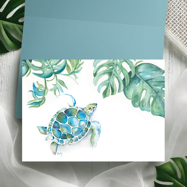 Tropical Sea Turtle Blank Inside Watercolor Thank You Card (Sea turtle palm leaf folded notecard watercolor art by Victoria Grigaliunas Do Tell A Belle)
