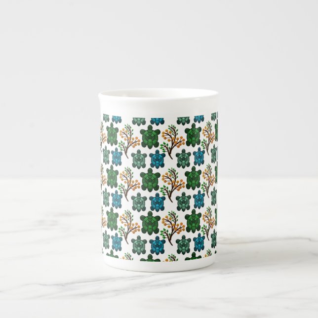 Tropical Sea Turtle Floral Pattern | Coastal Ocean Bone China Mug (Front)