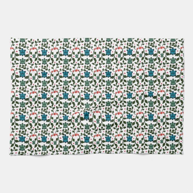 Tropical Sea Turtle Floral Pattern | Coastal Ocean Tea Towel (Horizontal)