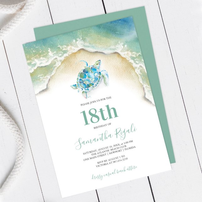 Tropical Sea Turtle Ocean Waves Birthday Invite (18th Birthday invitation with watercolor sea turtle & ocean waves beach shore Victoria Grigaliunas)