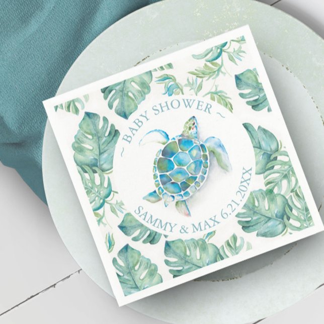 Tropical Sea Turtle Watercolor Baby Shower Napkin (Baby shower sea turtle napkins with tropical monstera palm leaves watercolor Victoria Grigaliunas)