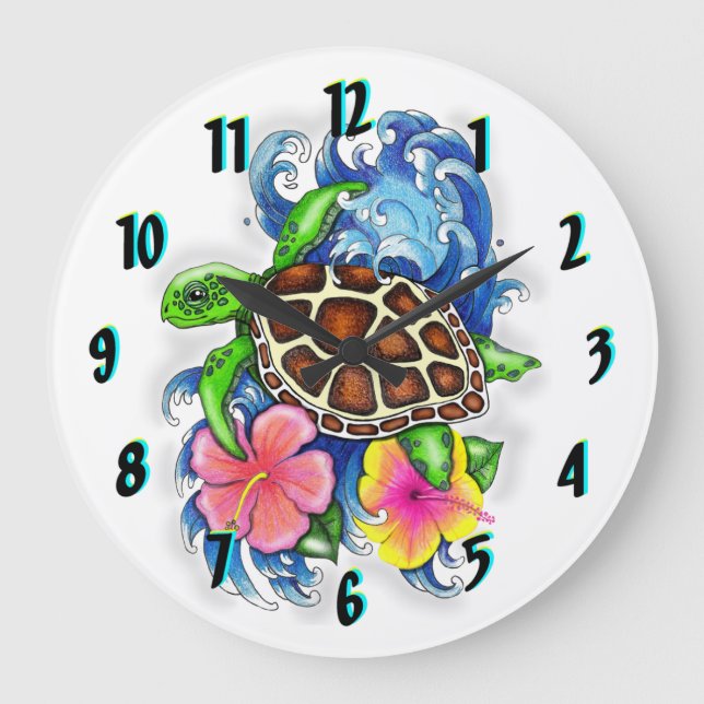 Tropical Sea Turtle with flowers Clock (Front)