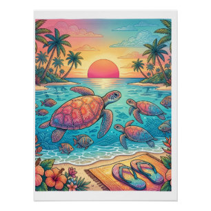 Tropical Sea Turtles Sunset Beach Ocean Fleece Bla Poster