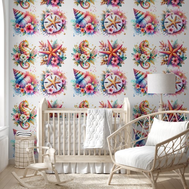 Tropical Seahorse, Starfish, Seashell Coastal Wallpaper (Kids)