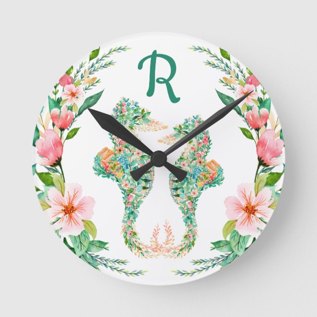 Tropical Seahorse Watercolor Floral Monogrammed Round Clock (Front)