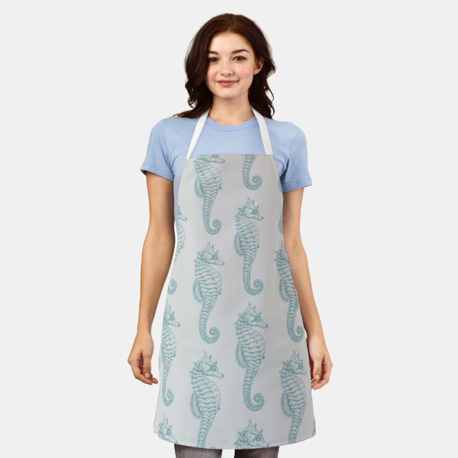 Tropical Seahorses, Seahorse Pattern - Blue Grey Apron (Worn)