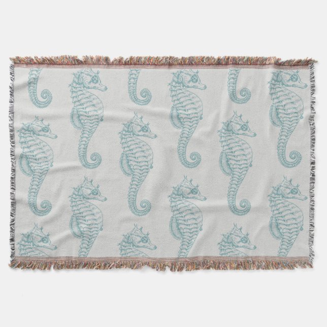 Tropical Seahorses, Seahorse Pattern - Blue Grey Throw Blanket (Front)