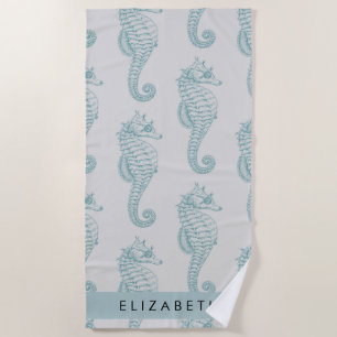 Tropical Seahorses, Seahorse Pattern, Your Name Beach Towel