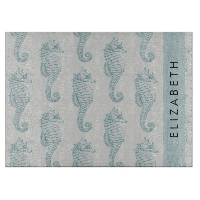 Tropical Seahorses, Seahorse Pattern, Your Name Cutting Board (Front)