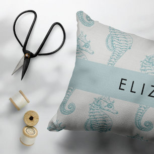 Tropical Seahorses, Seahorse Pattern, Your Name Decorative Cushion