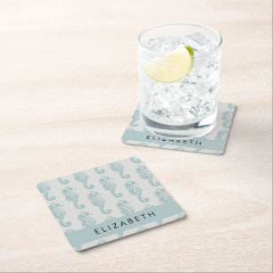 Tropical Seahorses, Seahorse Pattern, Your Name Square Paper Coaster