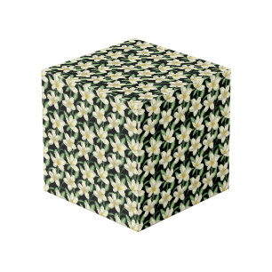 Tropical seamless pattern white flowers green leaf cube