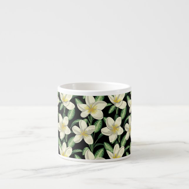 Tropical seamless pattern white flowers green leaf espresso cup (Front)