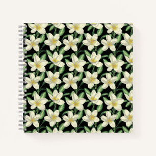 Tropical seamless pattern white flowers green leaf notebook